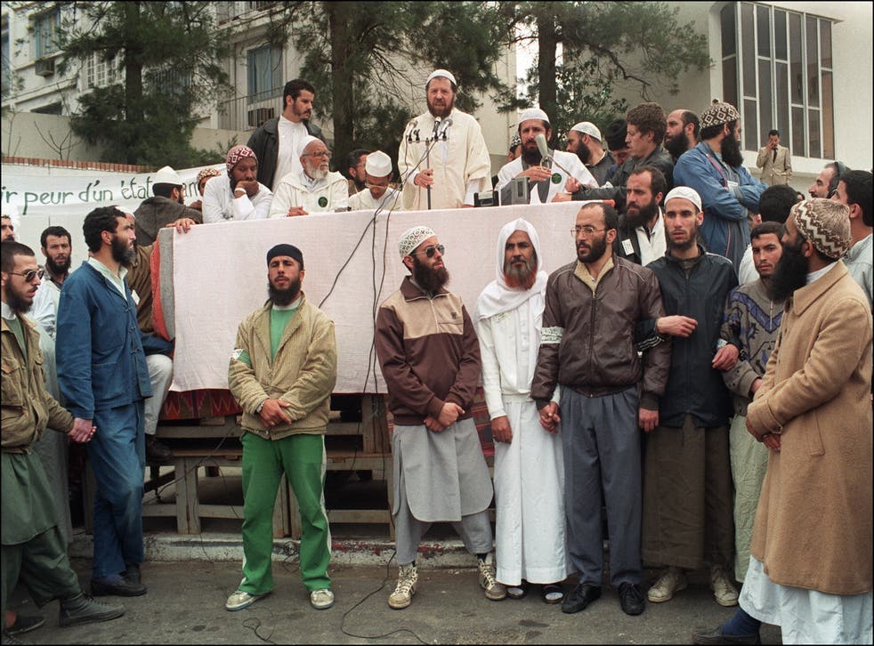 <p>Founders of the Islamic Salvation Front in an electoral campaign rally in April 1990 in Algiers</p>