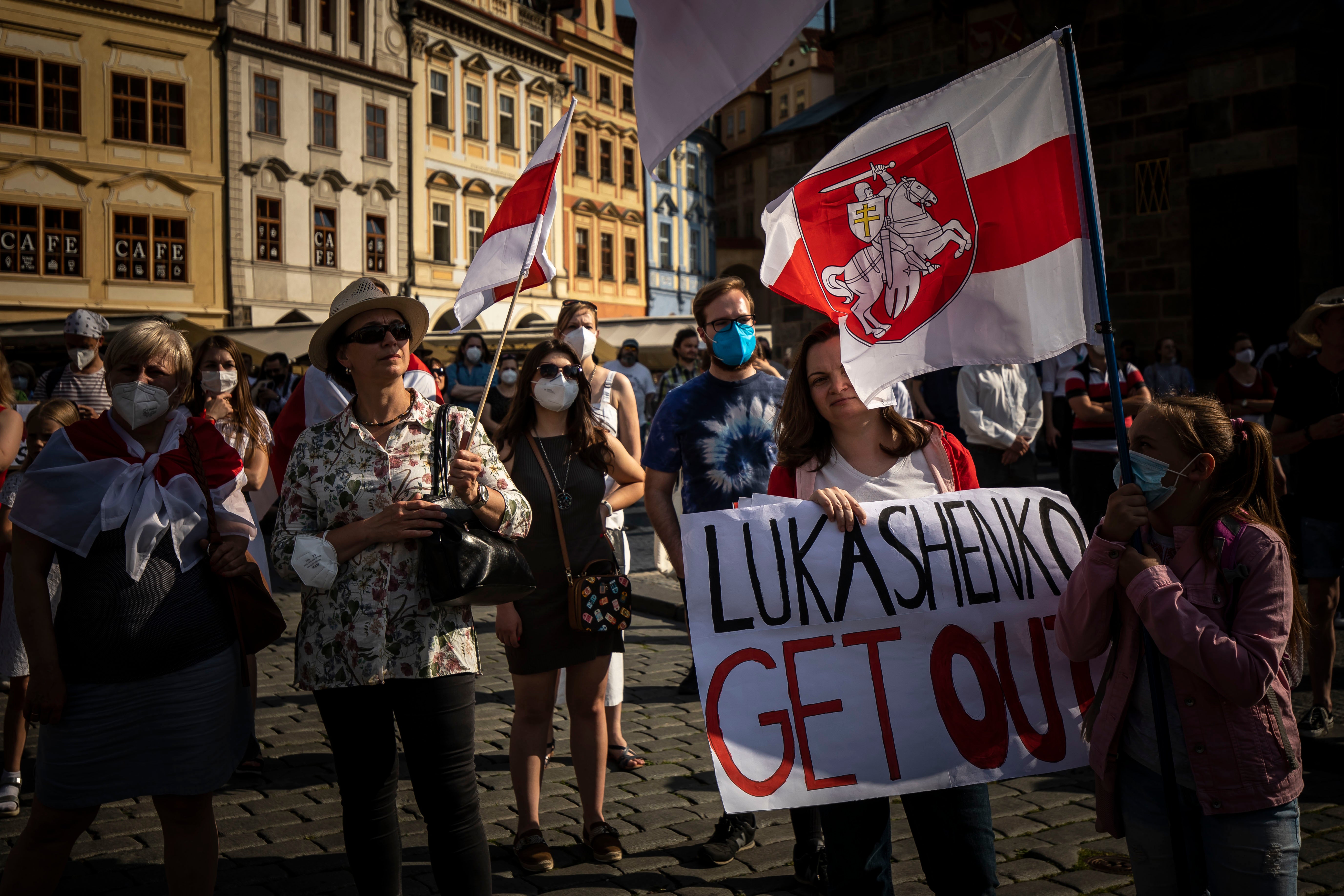 Supporters of exiled Belarus opposition leader Sviatlana Tsikhanouskaya demonstrate in Czech Republic