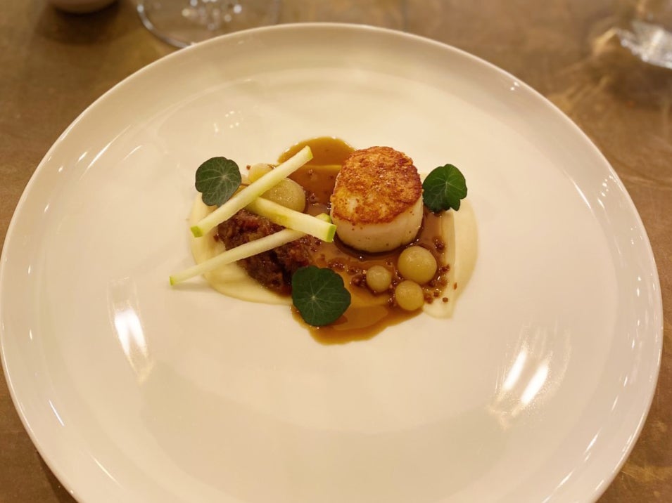 Top dish: The scallops, served with a bacon jam, come from the Orkney islands