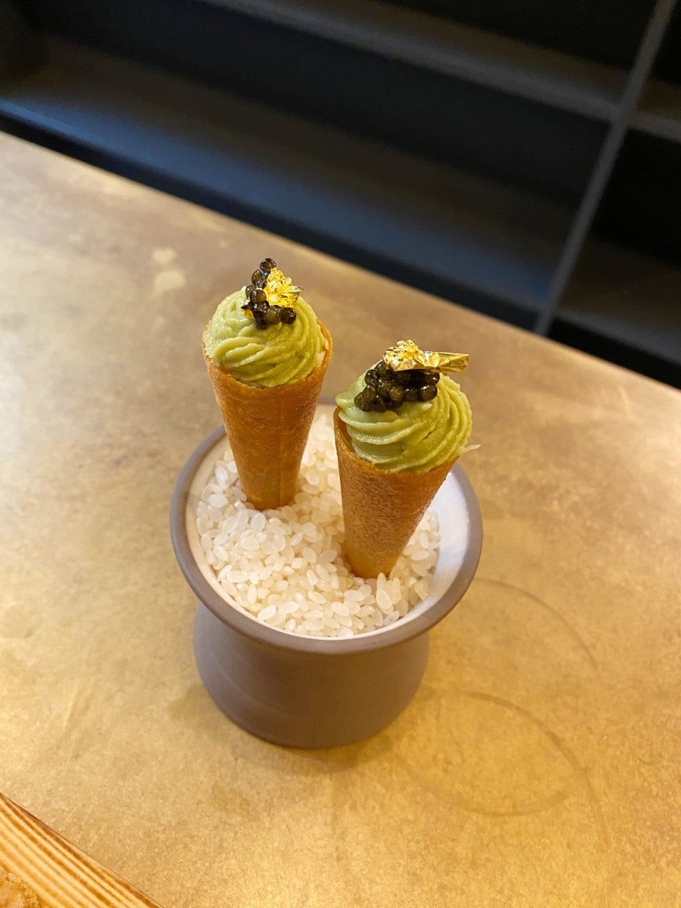 ‘Cornettos’ filled with flaky crab meat and topped with an avocado mousse