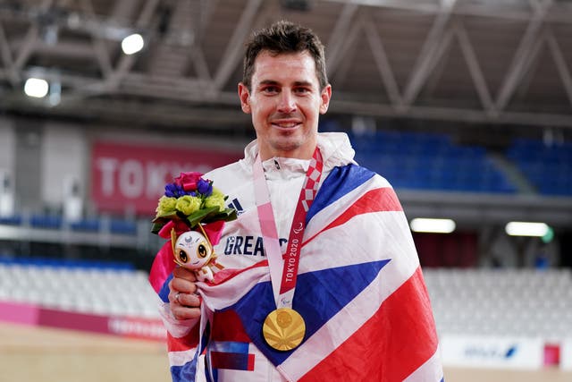 Great Britain’s Jaco van Gass celebrates with his gold medal (Tim Goode/PA)