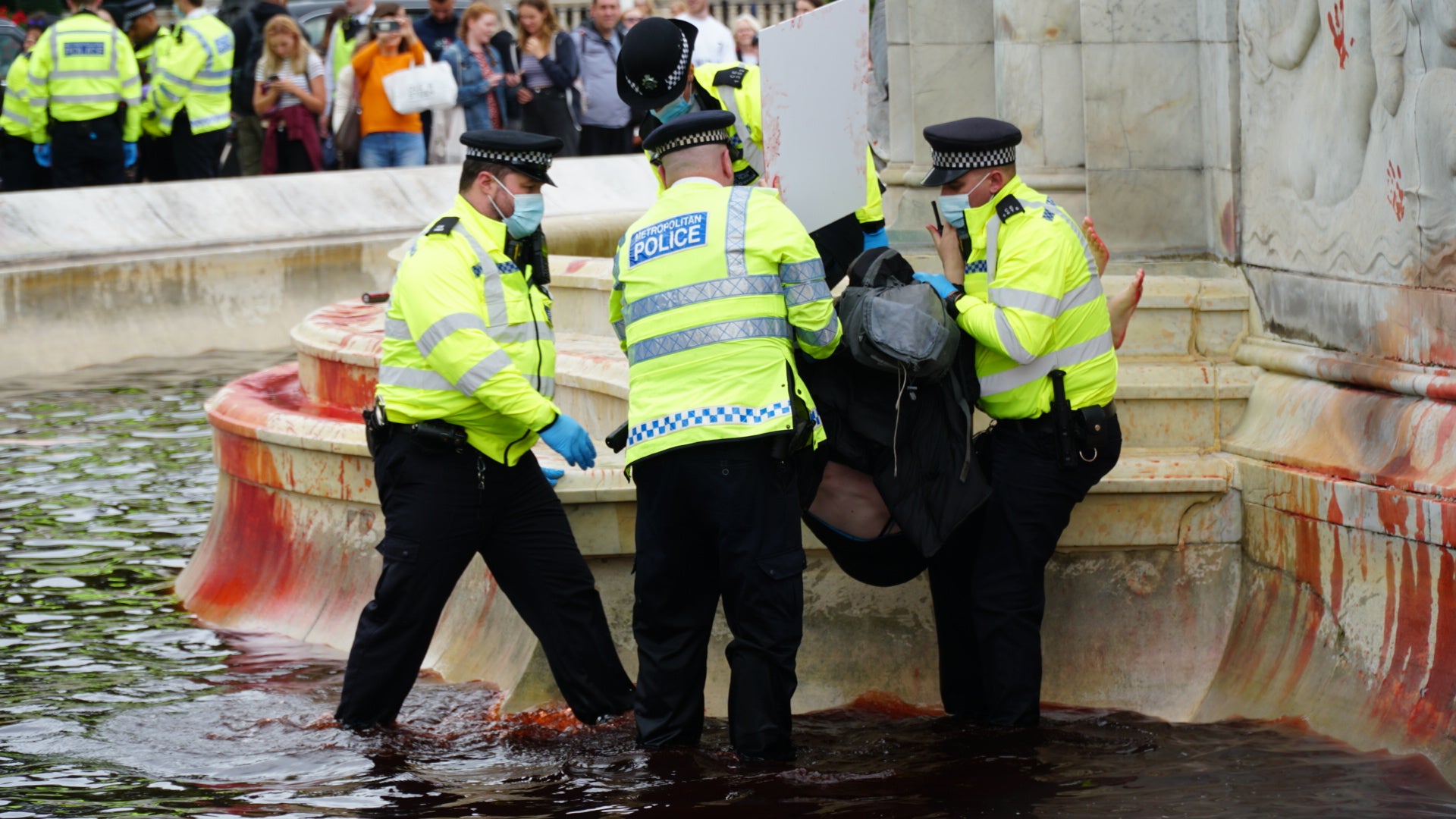 <p>Police attend to activists protesting the use of crown land for hunting and animal agriculture</p>
