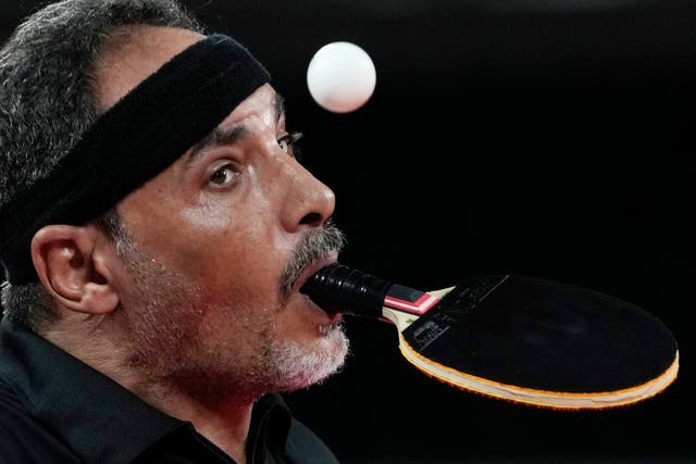 <p>Ibrahim Hamadtou of Egypt plays against Park Hong-kyu of South Korea in the men’s table tennis at the Tokyo 2020 Paralympic Games on Wednesday 25 August 2021</p>