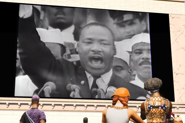 <p>Players stand and watch Martin Luther King Jr’s iconic speech inside the game ‘Fortnite'</p>