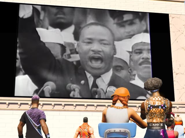 <p>Players stand and watch Martin Luther King Jr’s iconic speech inside the game ‘Fortnite'</p>