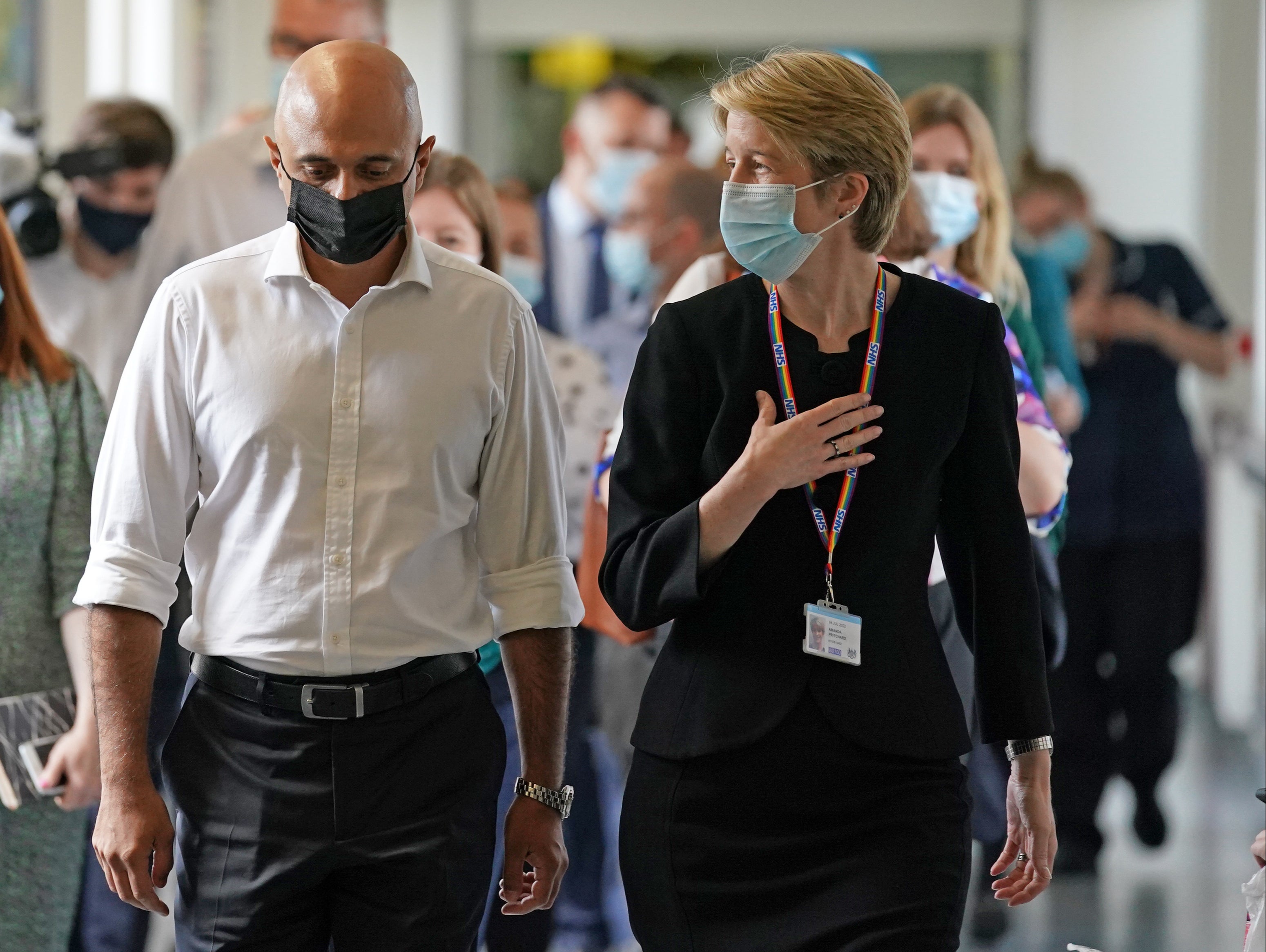 NHS England chief Amanda Pritchard on a visit to an NHS hospital earlier this month with health secretary Sajid Javid