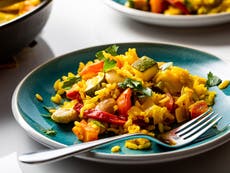 A colourful vegetarian paella that’s quick enough for a weeknight