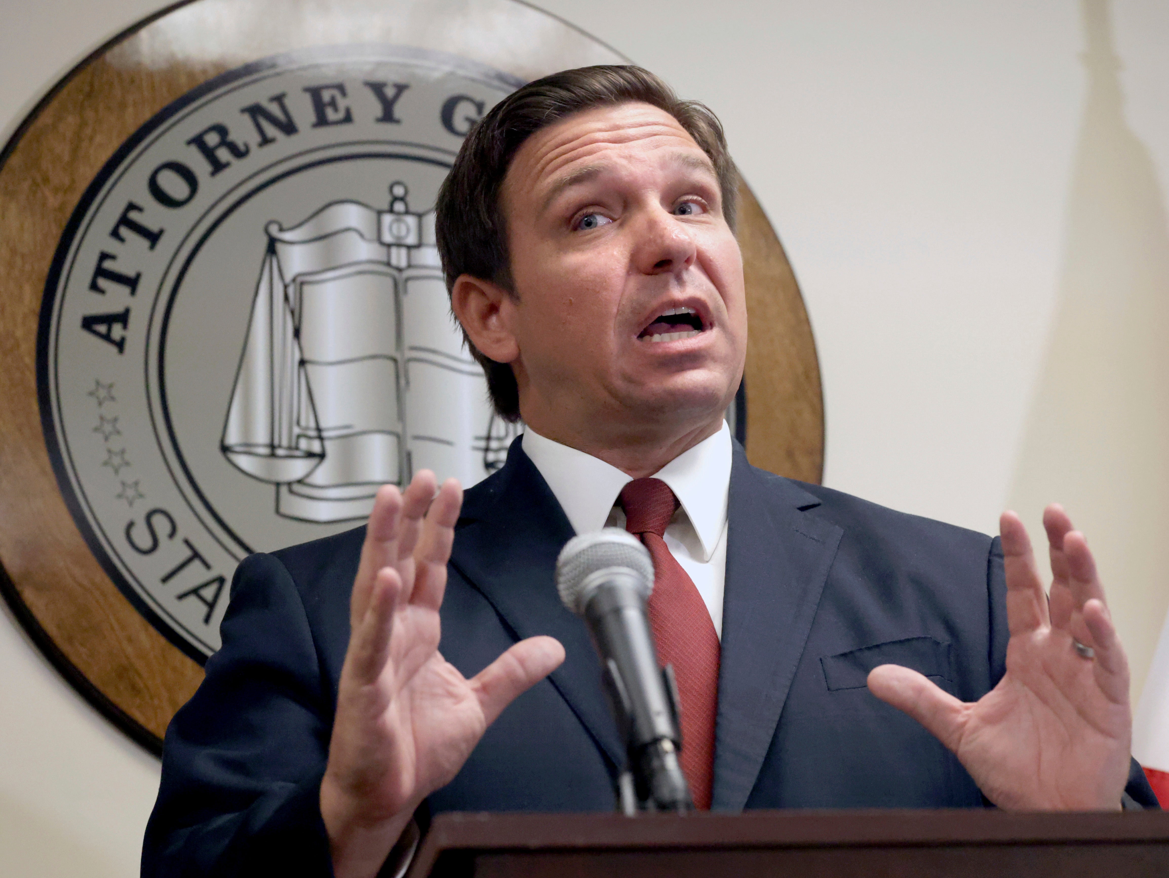 Florida governor Ron DeSantis responds to a question during a press conference with Florida attorney general Ashley Moody in Orlando on Thursday