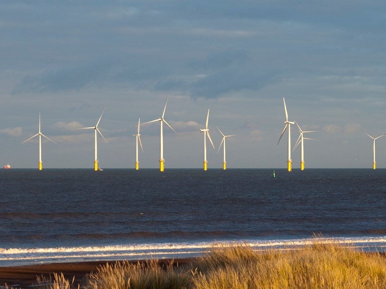 Evening light on the Teesside offshore wind farm from Seaton Carew beach in Hartlepool