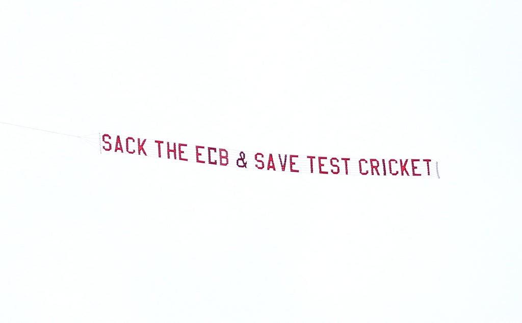 Banner reading ‘sack the ECB save Test cricket’ flown over Headingley