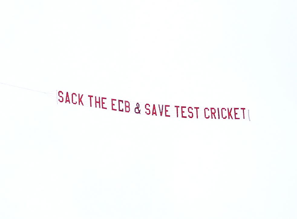 A plane with a banner reading ‘Sack The ECB & Save Test Cricket’ flies over ground during day three of the cinch Third Test match at the Emerald Headingley, Leeds. Picture date: Friday August 27, 2021.