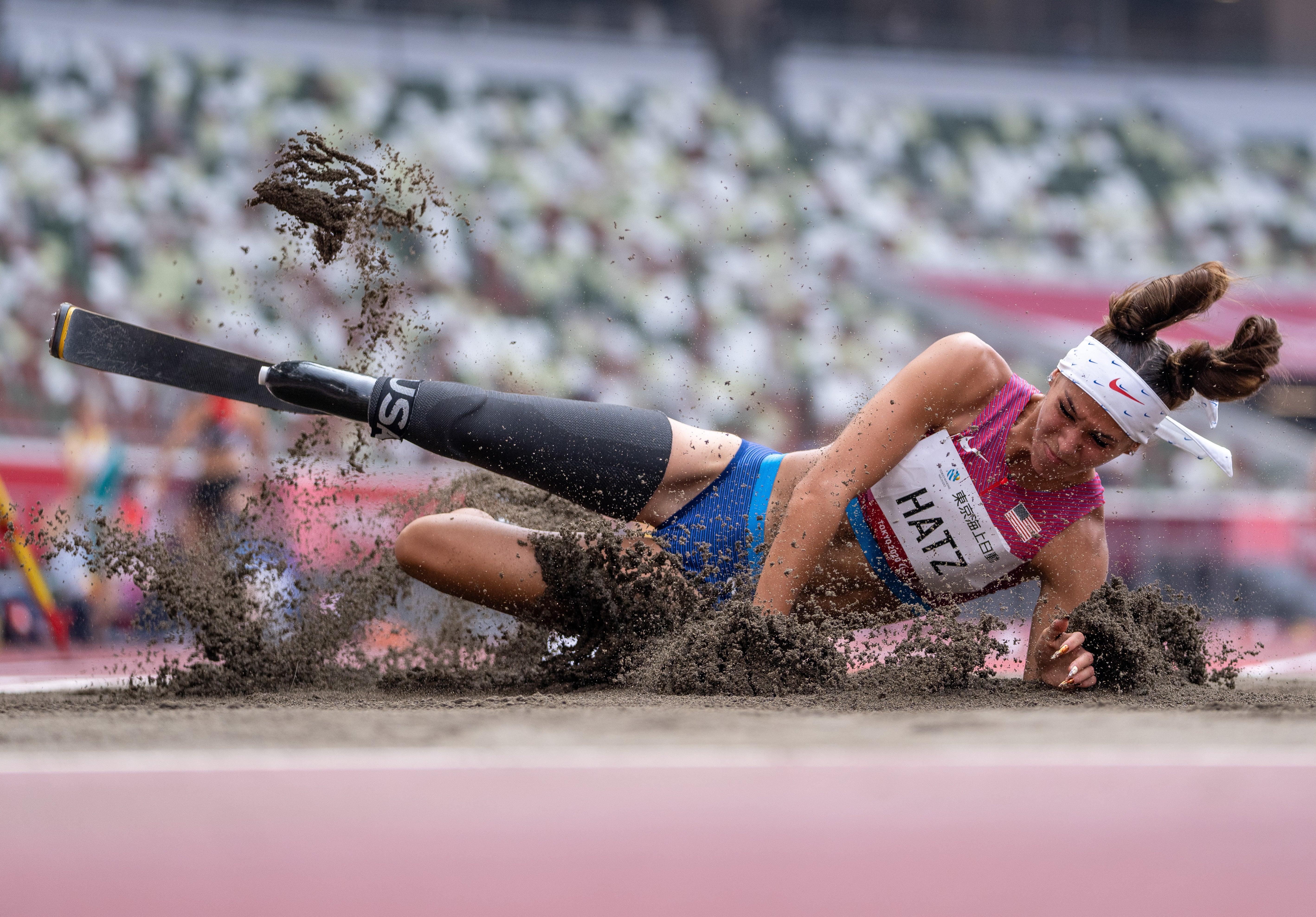 Beatriz Hatz of the US hits the sand hard while competing in the Women’s Long Jump – T64 at the Olympic Stadium (Thomas Lovelock for OIS/PA)