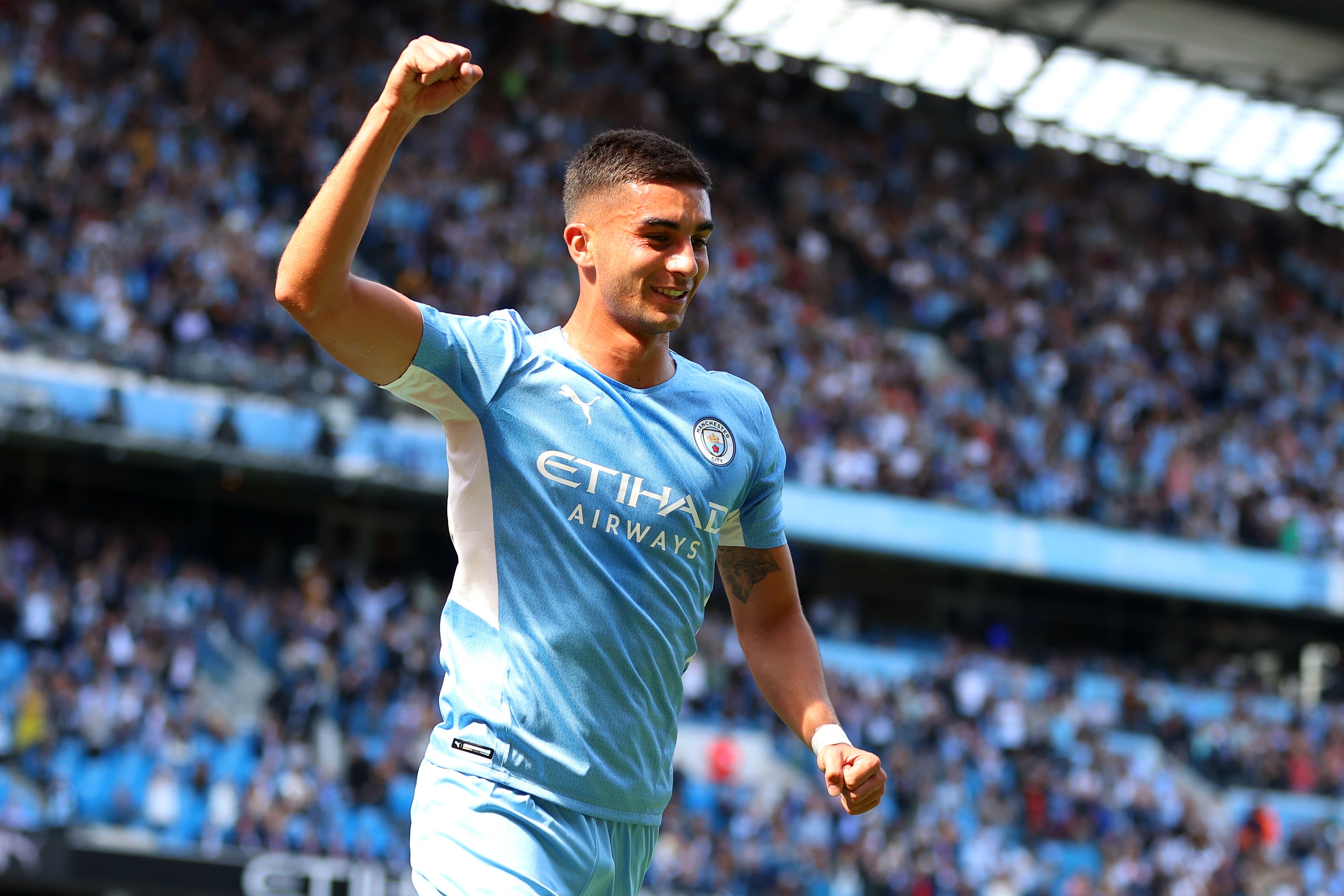 City’s Ferran Torres celebrates after scoring his side’s second goal at the Etihad