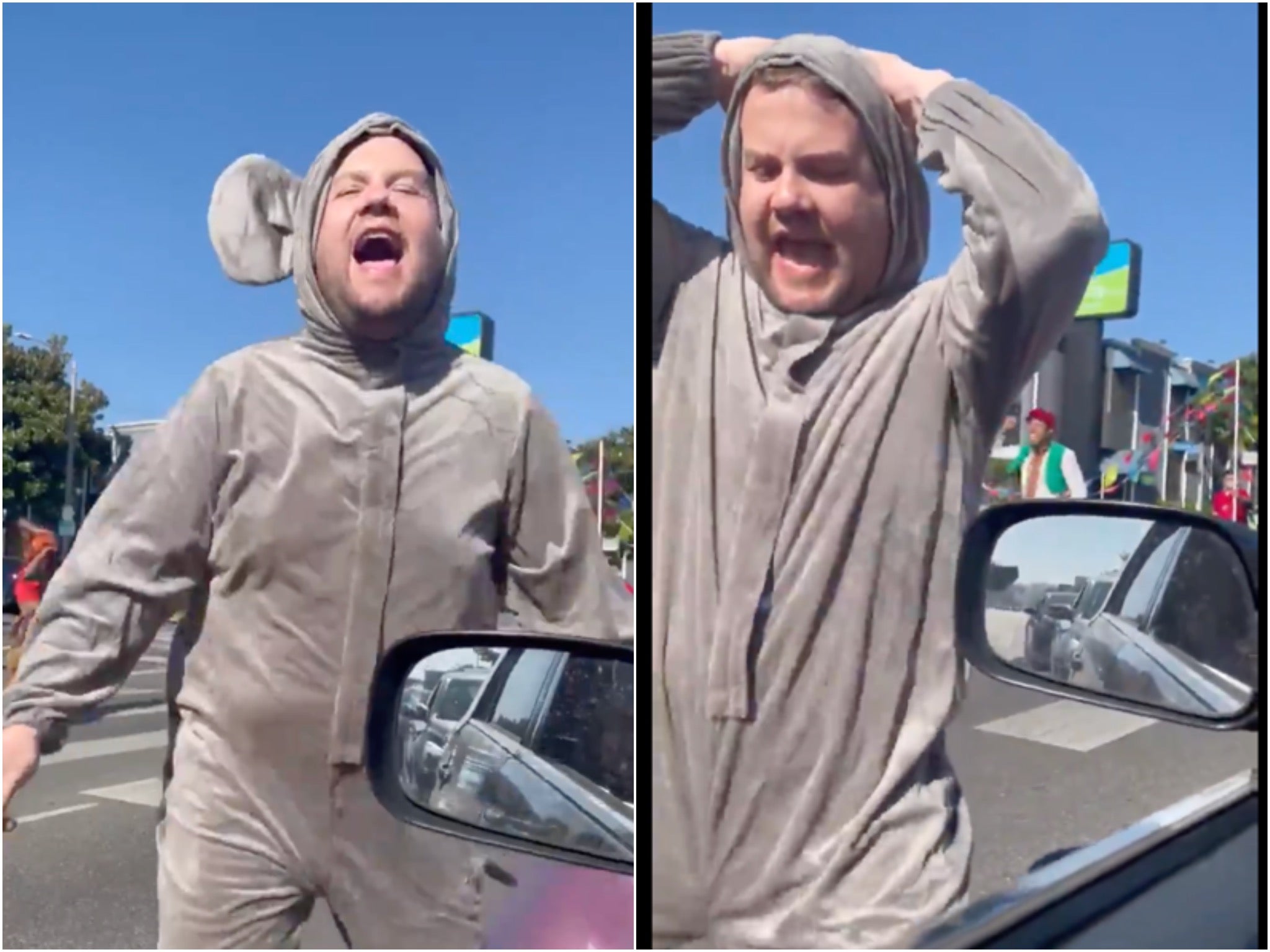 James Corden thrusts at an LA driver to promote his new musical ‘Cinderella'