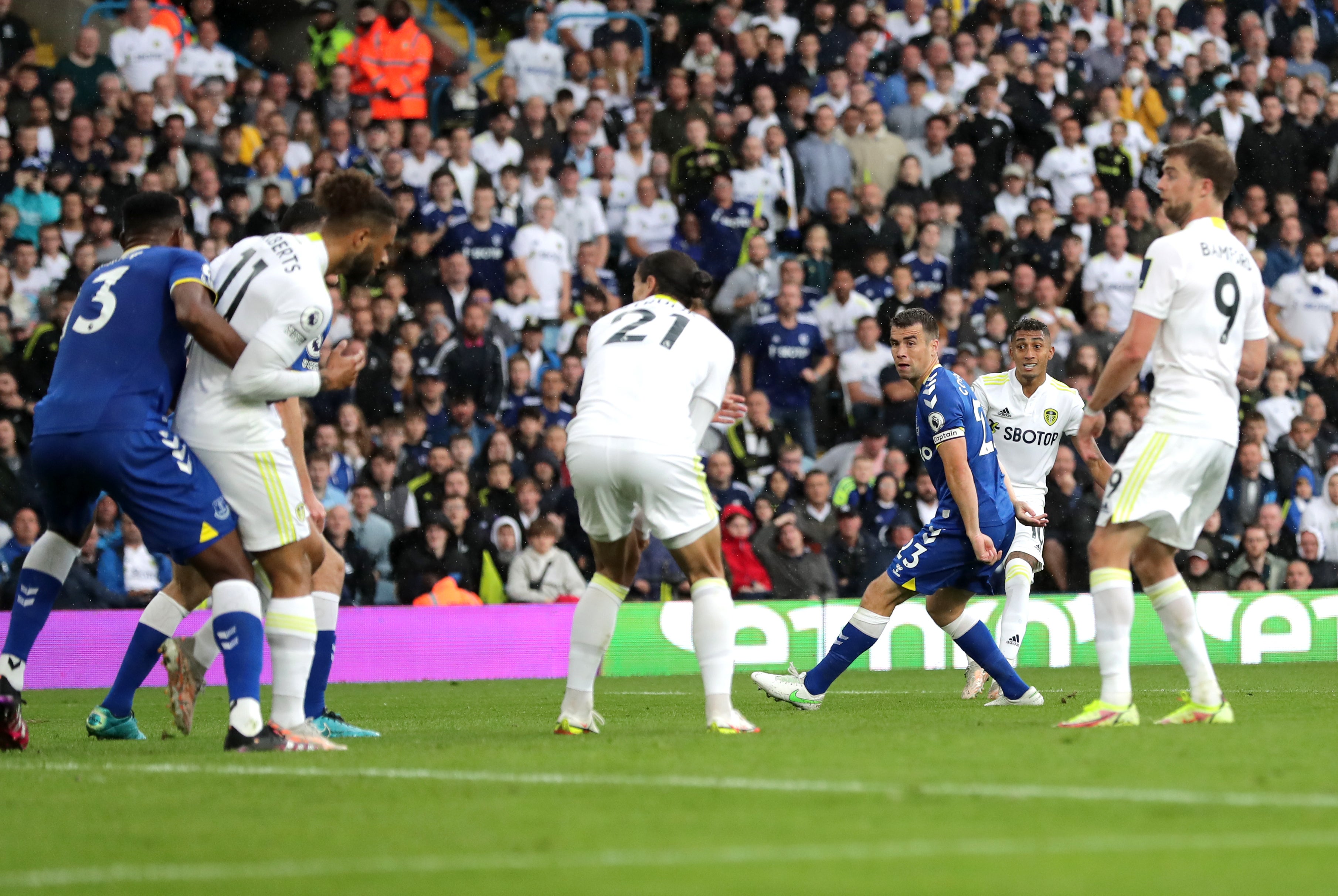 Raphinha, second right, fires home a superb equaliser against Everton last week (Richard Sellers/PA)