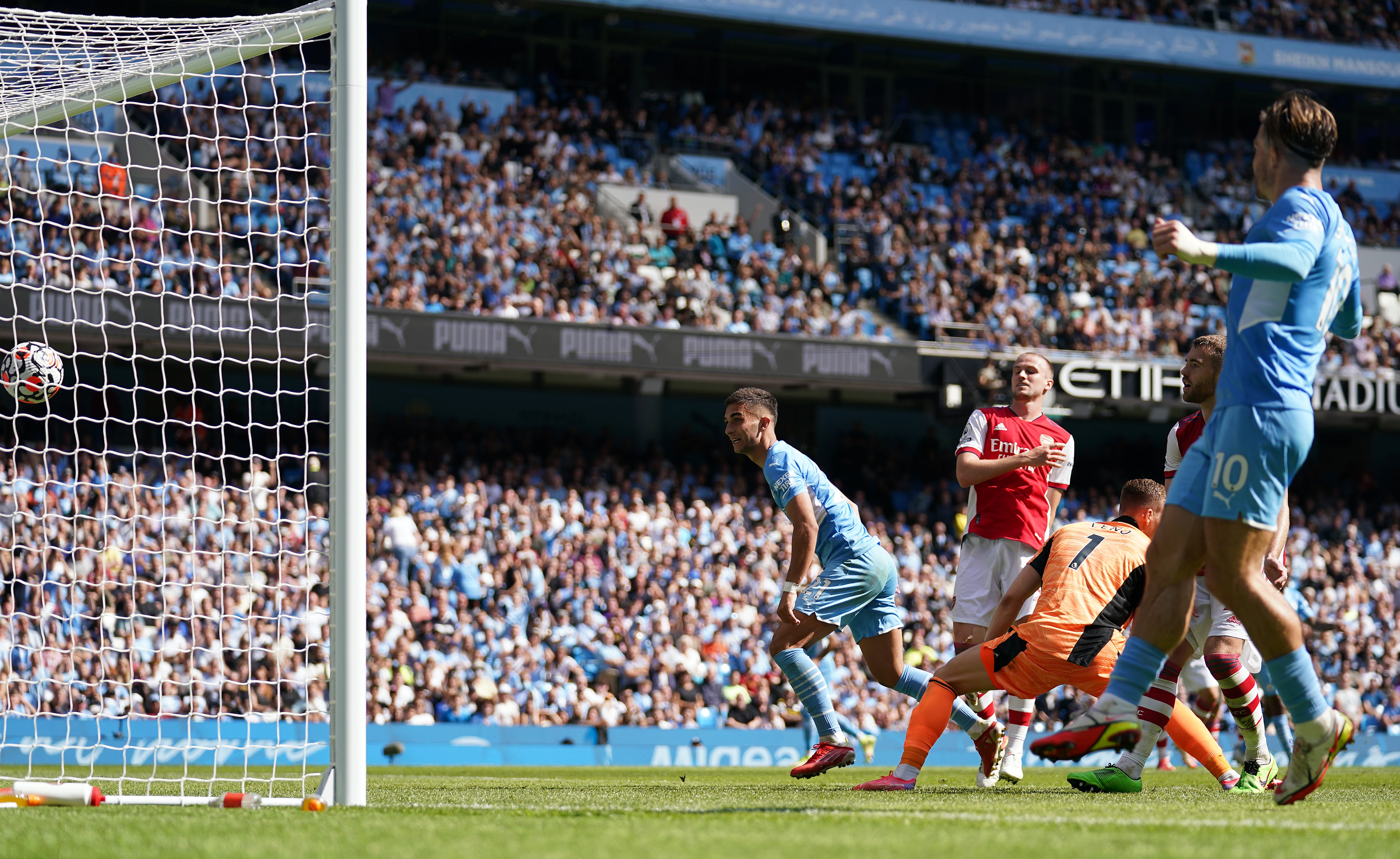 Ferran Torres scores Manchester City’s fifth goal in their 5-0 rout of Arsenal (Nick Potts/PA)