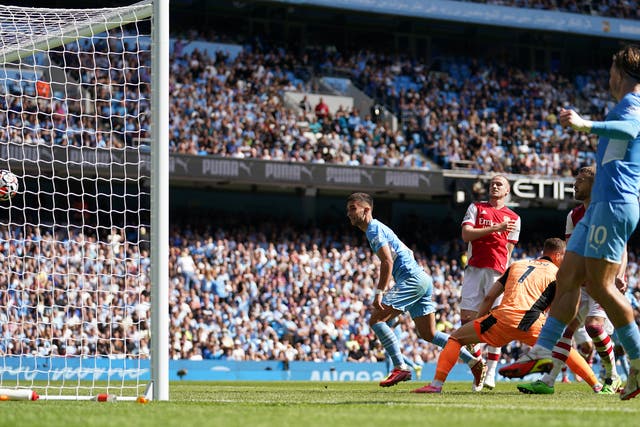 Ferran Torres scores Manchester City’s fifth goal in their 5-0 rout of Arsenal (Nick Potts/PA)