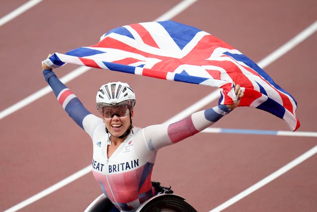 Great Britain’s Hannah Cockroft celebrates winning the Women’s 100 metres – T34 final at the Olympic Stadium during day five of the Tokyo 2020 Paralympic Games in Japan (Tim Goode/PA)