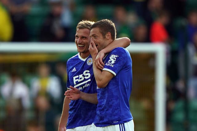Leicester goalscorers Marc Albrighton (left) and Jamie Vardy after the win at Norwich (Joe Giddens/PA)