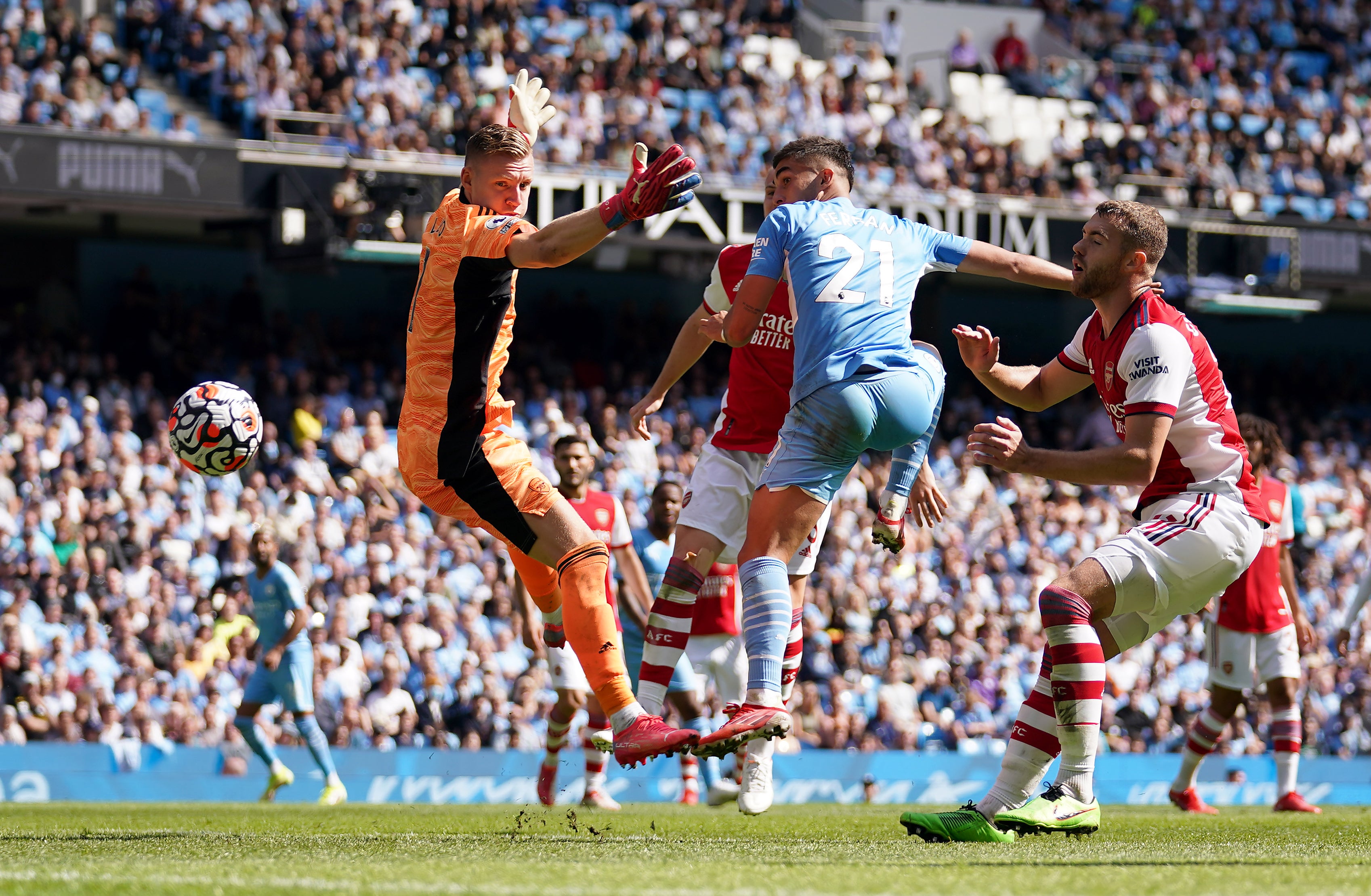 Ferran Torres scores Manchester City’s fifth goal against Arsenal (Nick Potts/PA)