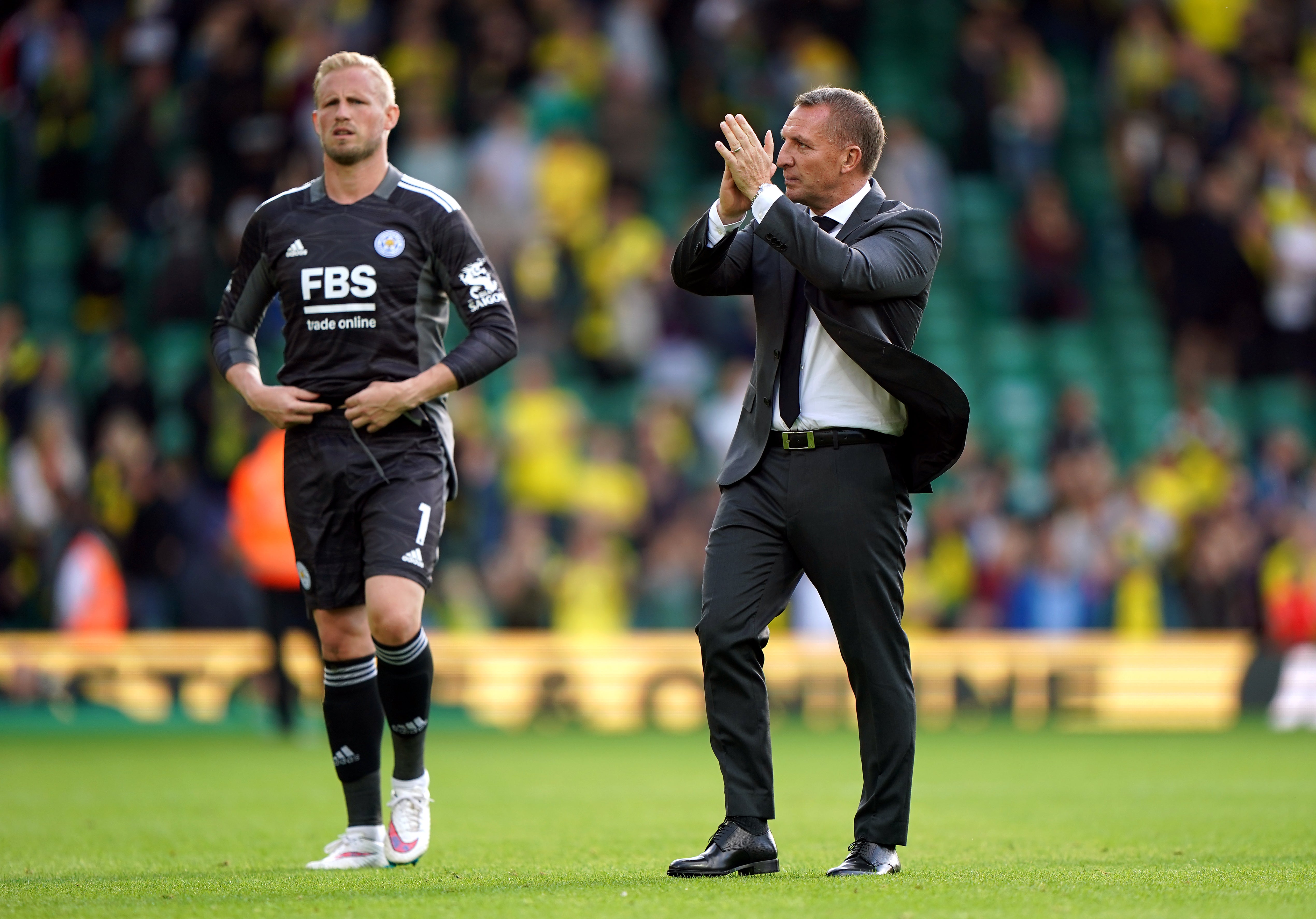 Brendan Rodgers applauds the Leicester fans at Norwich (Joe Giddens/PA)