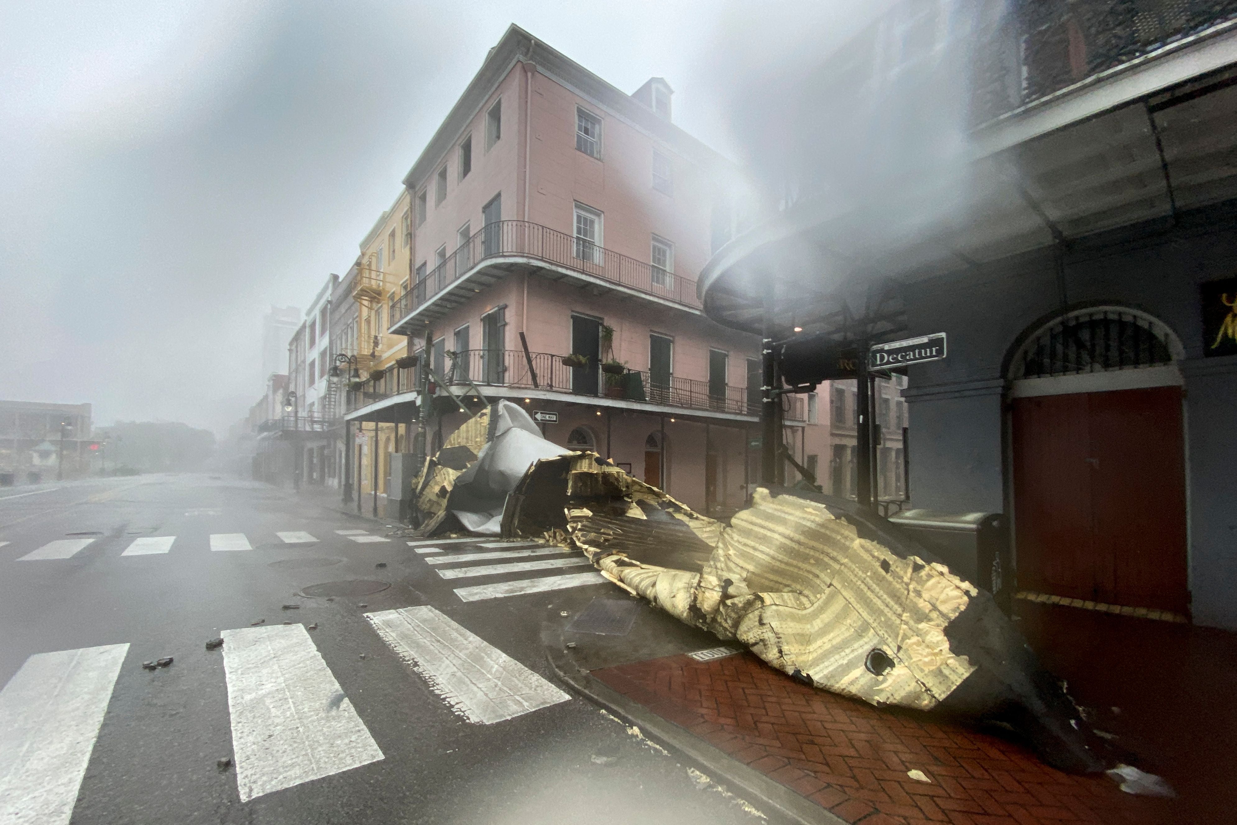 A section of a building’s roof is seen after being blown off during rain and winds in the French Quarter of New Orleans after Hurricane Ida made a landfall