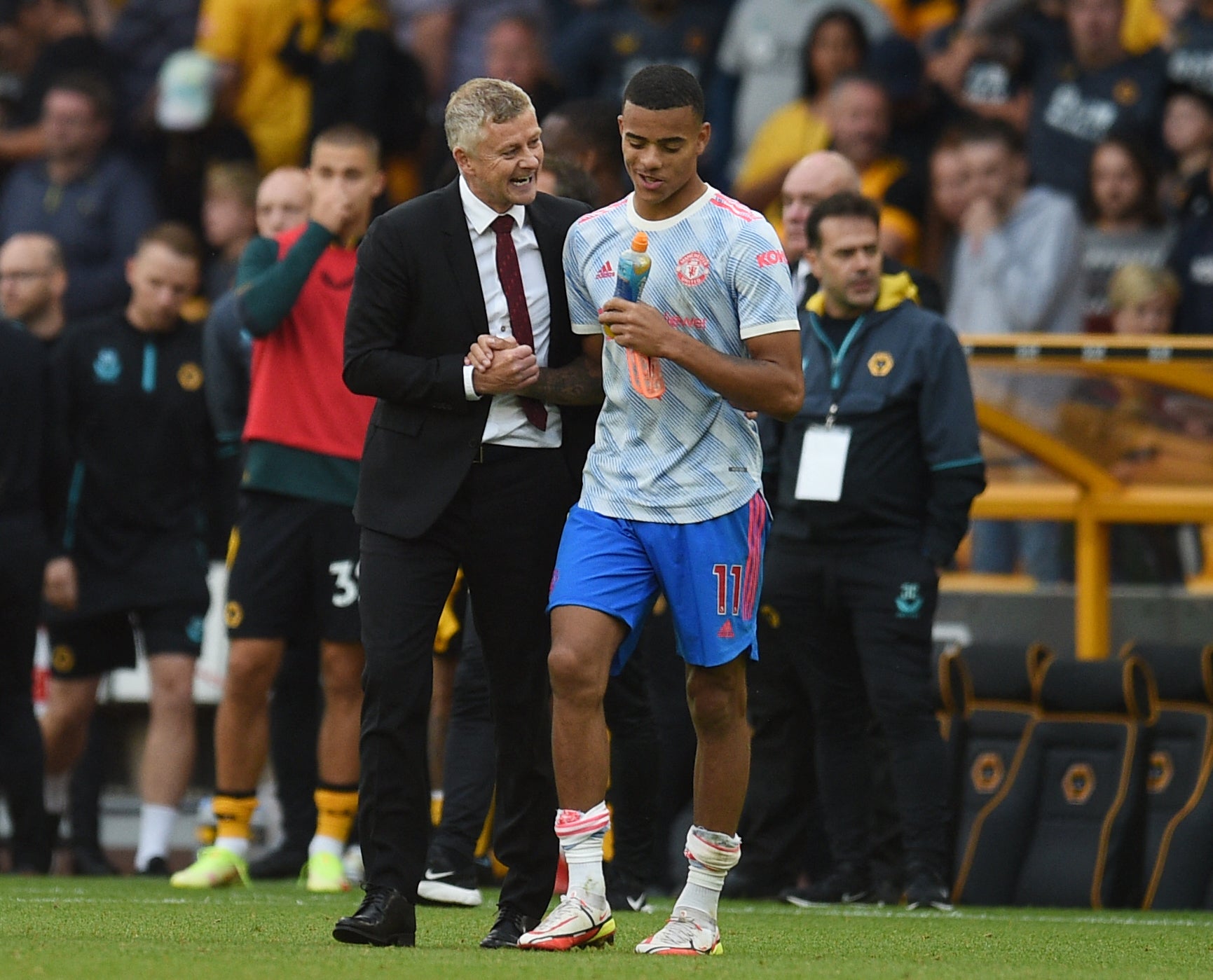 Ole Gunnar Solskjaer celebrates with goalscorer Mason Greenwood