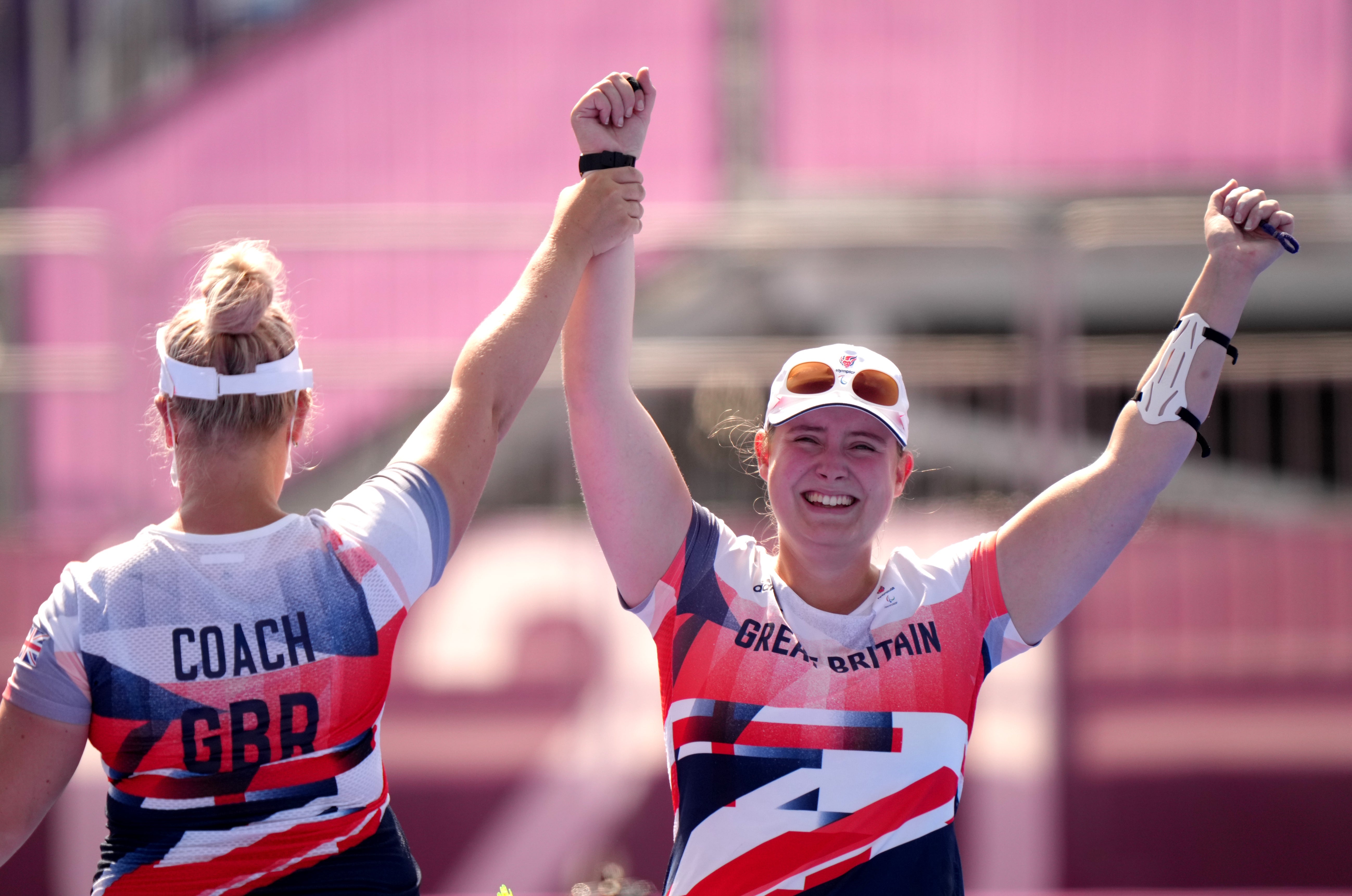 Great Britain’s Phoebe Paterson Pine celebrates winning the women’s individual compound open gold medal at the Yumenoshima Park Archery Field (Tim Goode/PA)