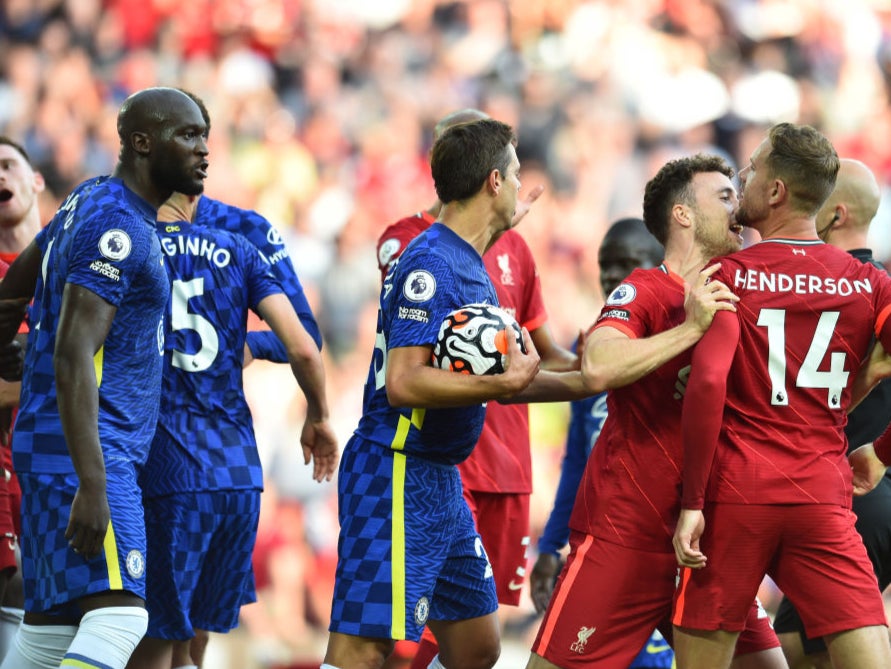 Chelsea and Liverpool players clash at Anfield