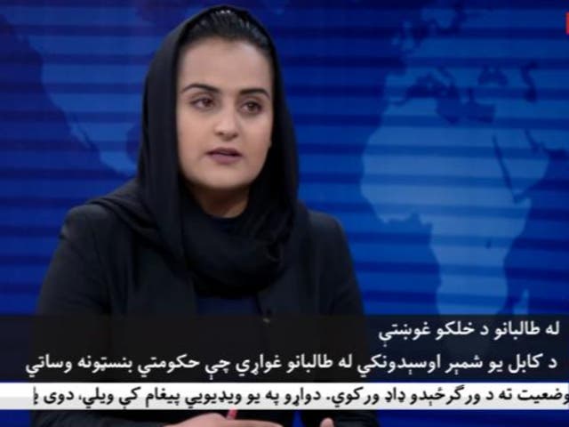 <p>Screengrab from Beheshta Arghan’s interview with Taliban spokesmen broadcast on Tolo News  </p>