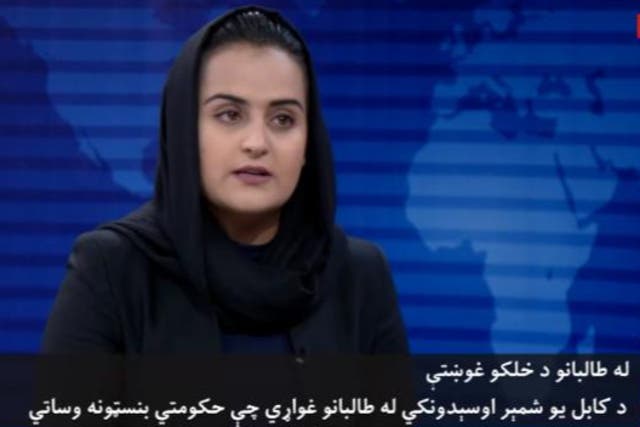 <p>Screengrab from Beheshta Arghan’s interview with Taliban spokesmen broadcast on Tolo News  </p>