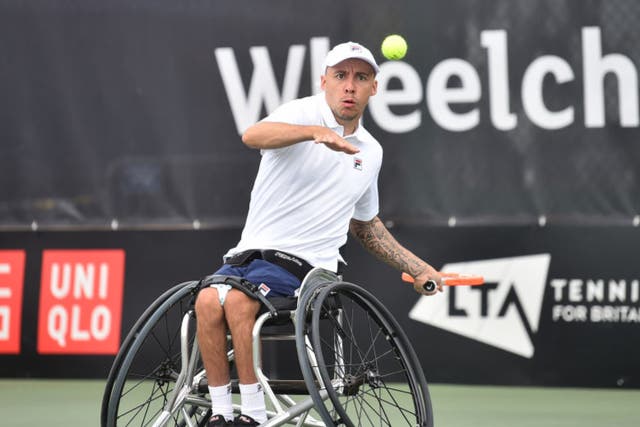 <p>Andy Lapthorne competes in the quads doubles final at the British Open in July 2021</p>