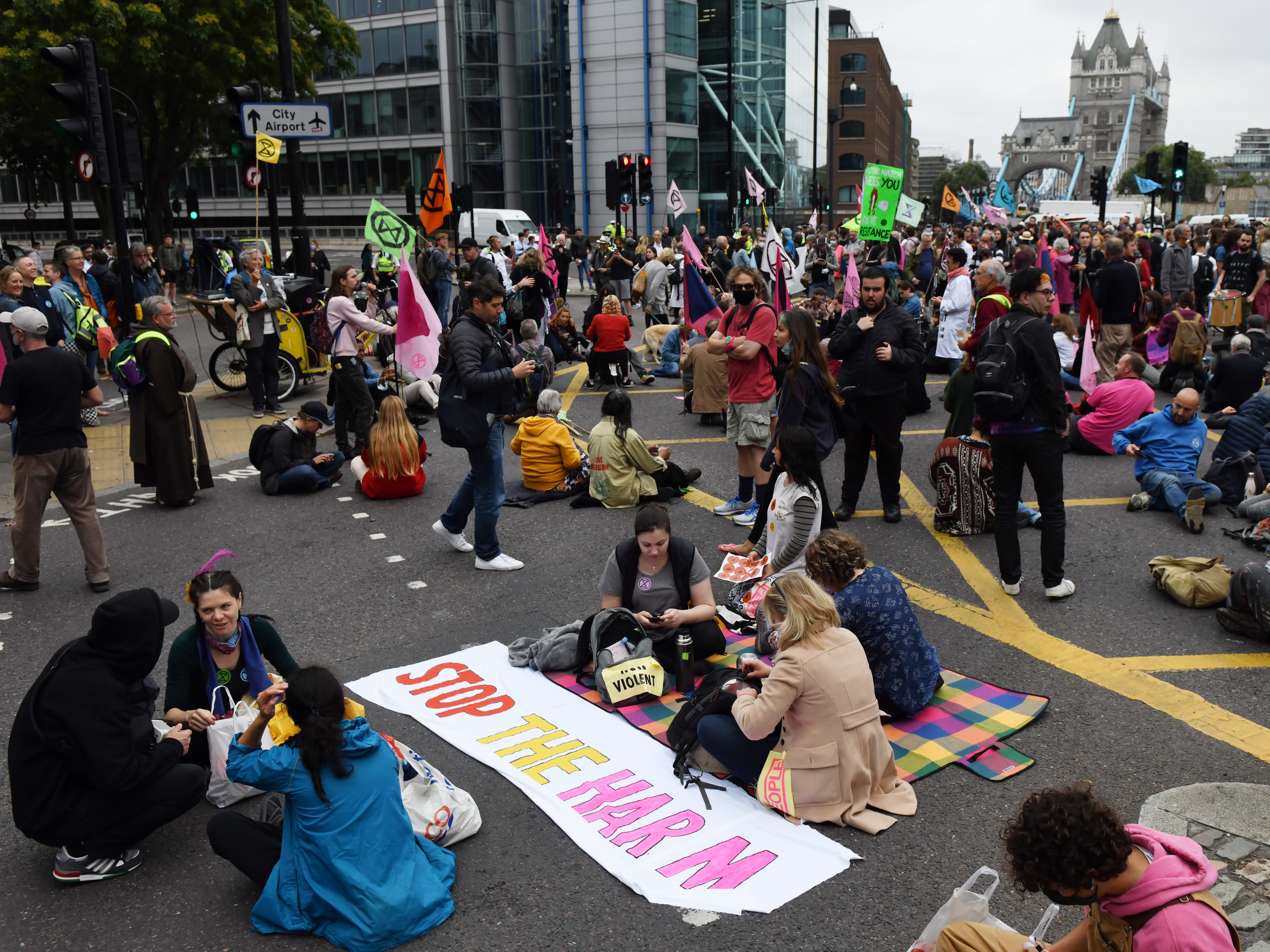 <p>Protestors block a junction near Tower Bridge during an XR demonstration on 30 August</p>