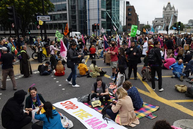 <p>Protestors block a junction near Tower Bridge during an XR demonstration on 30 August</p>