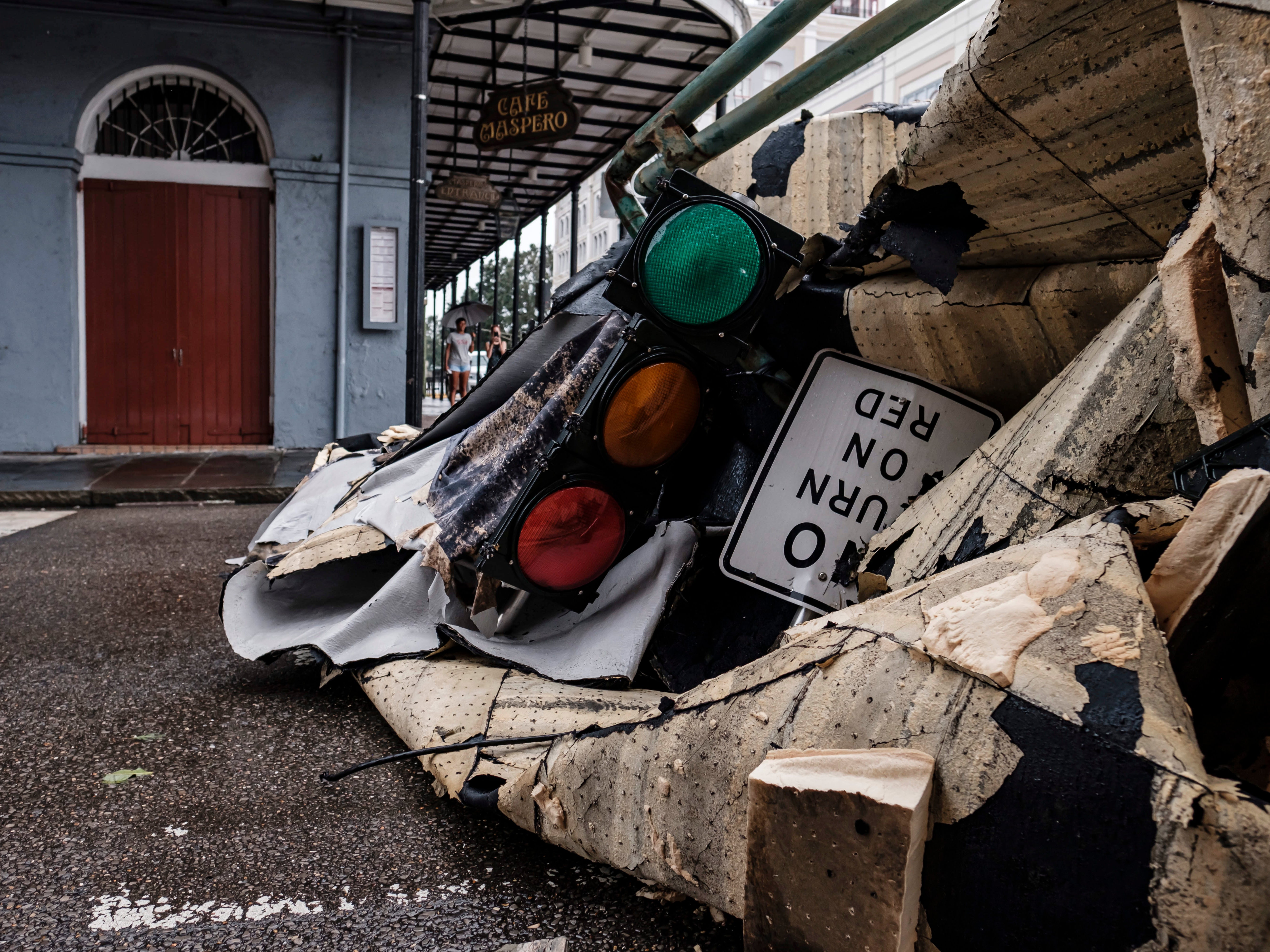 A chunk of roof that ripped off a building in the French Quarter due to Hurricane Ida in New Orleans, Louisiana, USA, 30 August 2021