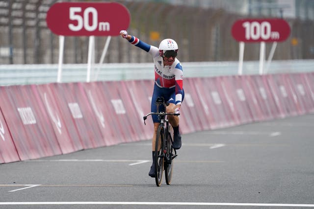 <p>Sarah Storey of Team Great Britain crosses the finish line to win the gold medal in the Cycling Road Women's C5 Time Trial on day 7 of the Tokyo 2020 Paralympic Games. </p>