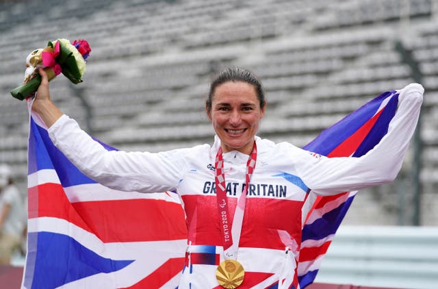 <p>Sarah Storey celebrates after winning gold in the women’s C5 time trial</p>