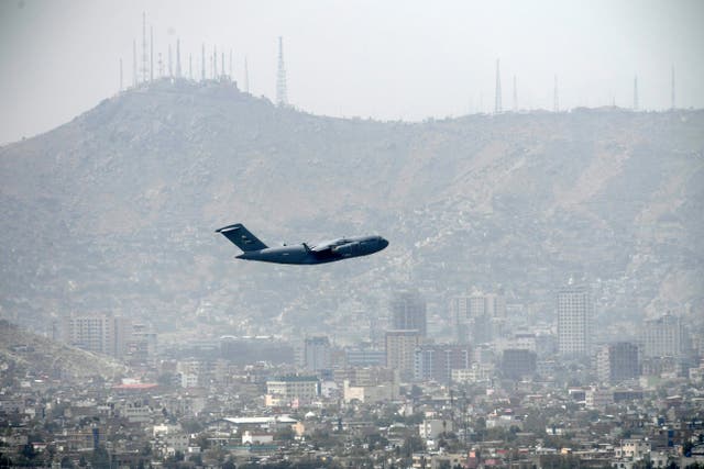 <p>US Air Force aircraft takes off from the airport in Kabul on 30 August</p>