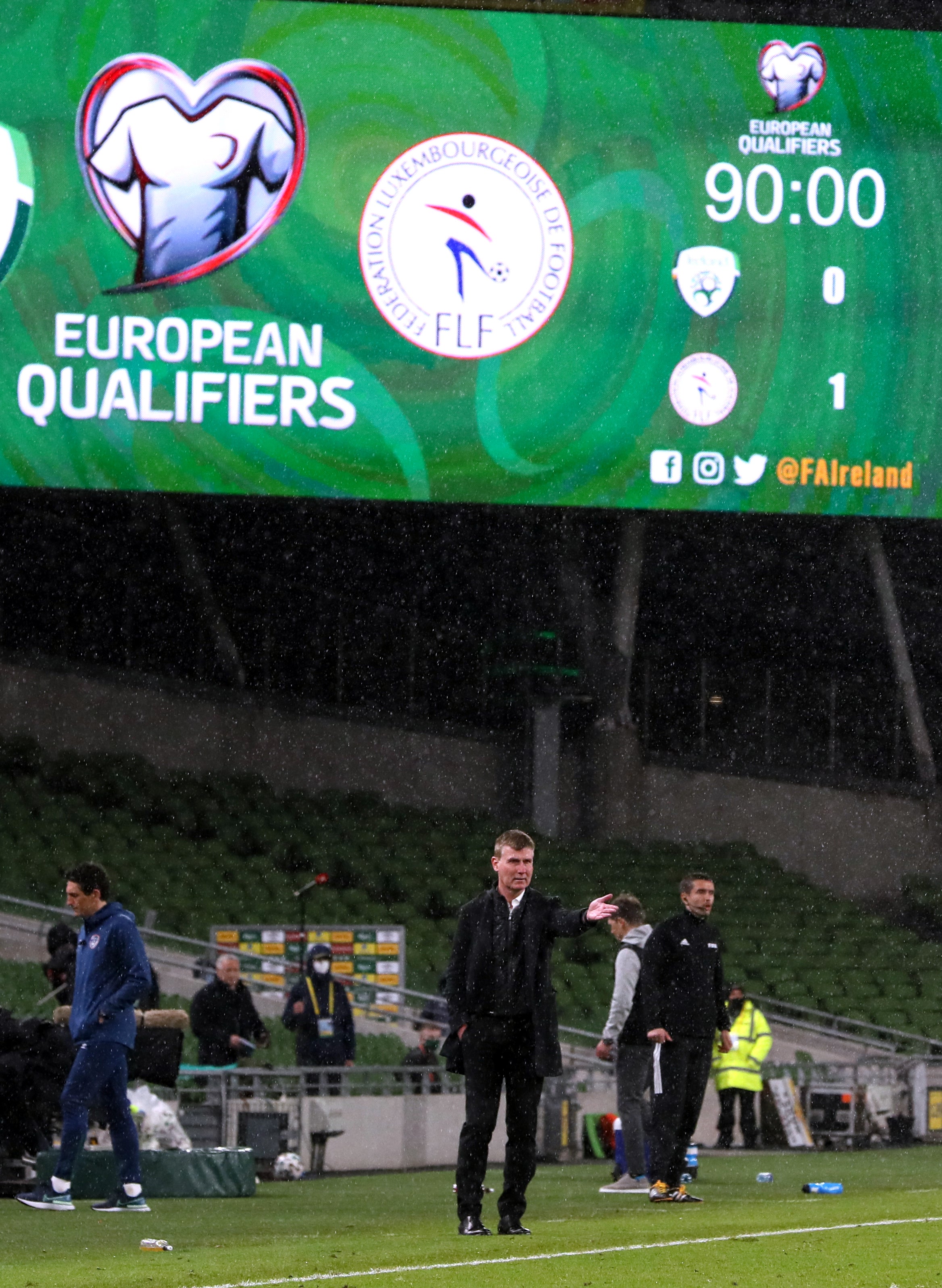 Republic of Ireland manager Stephen Kenny gestures on the touchline as his side slips to a 1-0 home defeat by Luxembourg (Brian Lawless/PA)