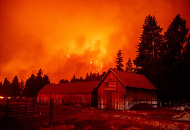 <p> Flames consume multiple homes as the Caldor fire pushes into the Echo Summit area, California on August 30, 2021. </p>