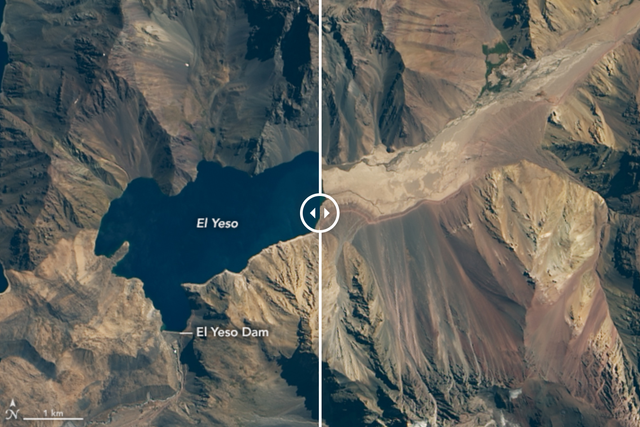 <p>To the left, a water reservoir in Santiago, Chile, in 2016. To the right, the same water reservoir in 2020 </p>