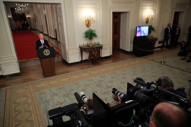 <p>President Joe Biden delivers remarks on the end of the war in Afghanistan in the State Dining Room at the White House on August 31, 2021</p>