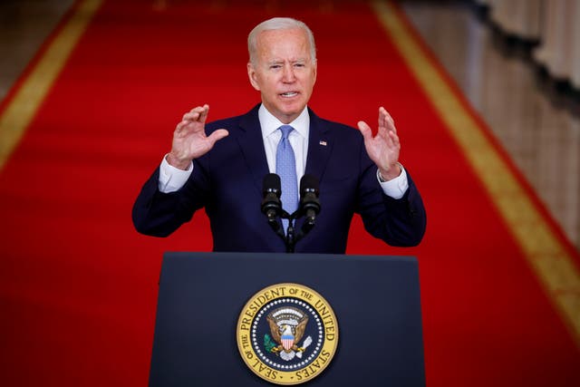 <p>President Joe Biden delivers remarks on Afghanistan during a speech in the State Dining Room at the White House in Washington, U.S., August 31, 2021</p>