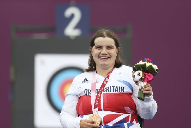 Great Britain’s Victoria Rumary on the podium with her archery bronze medal (ParalympicsGB/imagecomms/PA)