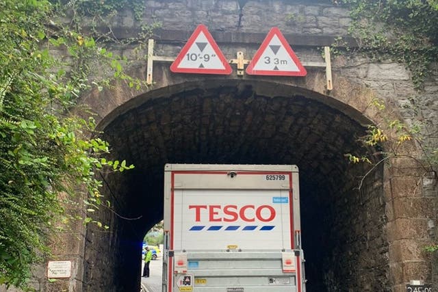 <p>One strike: the refrigerated lorry that hit a bridge in Plymouth, blocking the main rail line in Devon and Cornwall</p>