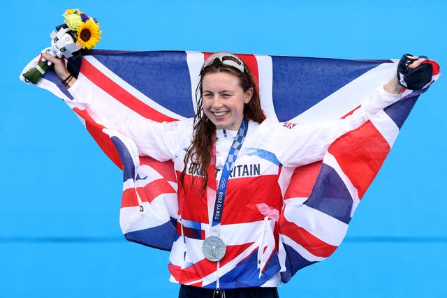 <p>Georgia Taylor-Brown celebrates her silver medal in the women’s triathlon </p>