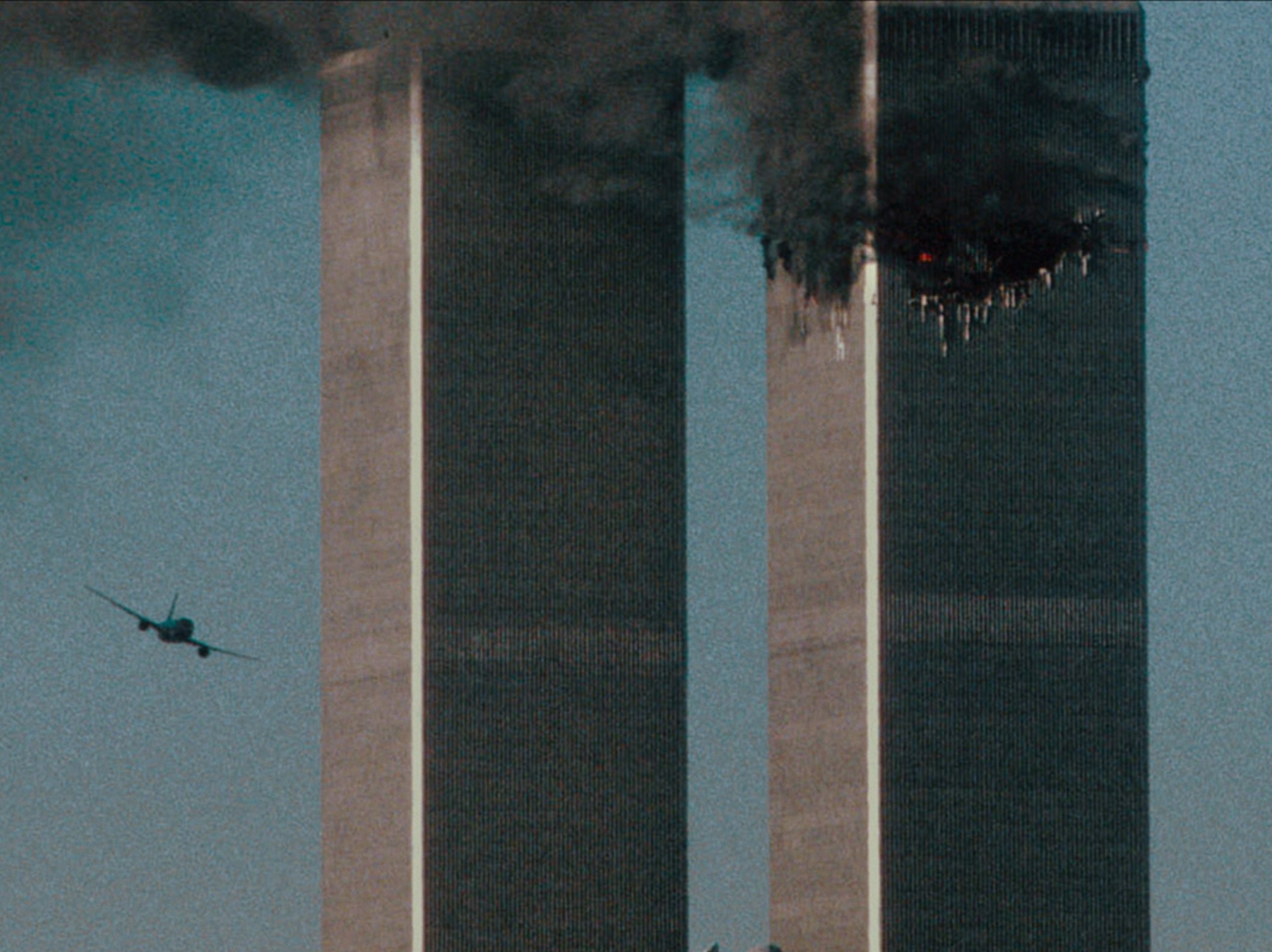 A shot of the second hijacked airplane just seconds before it struck the South Tower in the 9/11 terror attacks