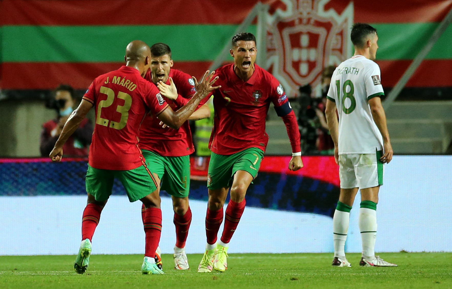 Cristiano Ronaldo (centre) broke the international goals record to crush Ireland hopes (Isabel Infantes/PA)
