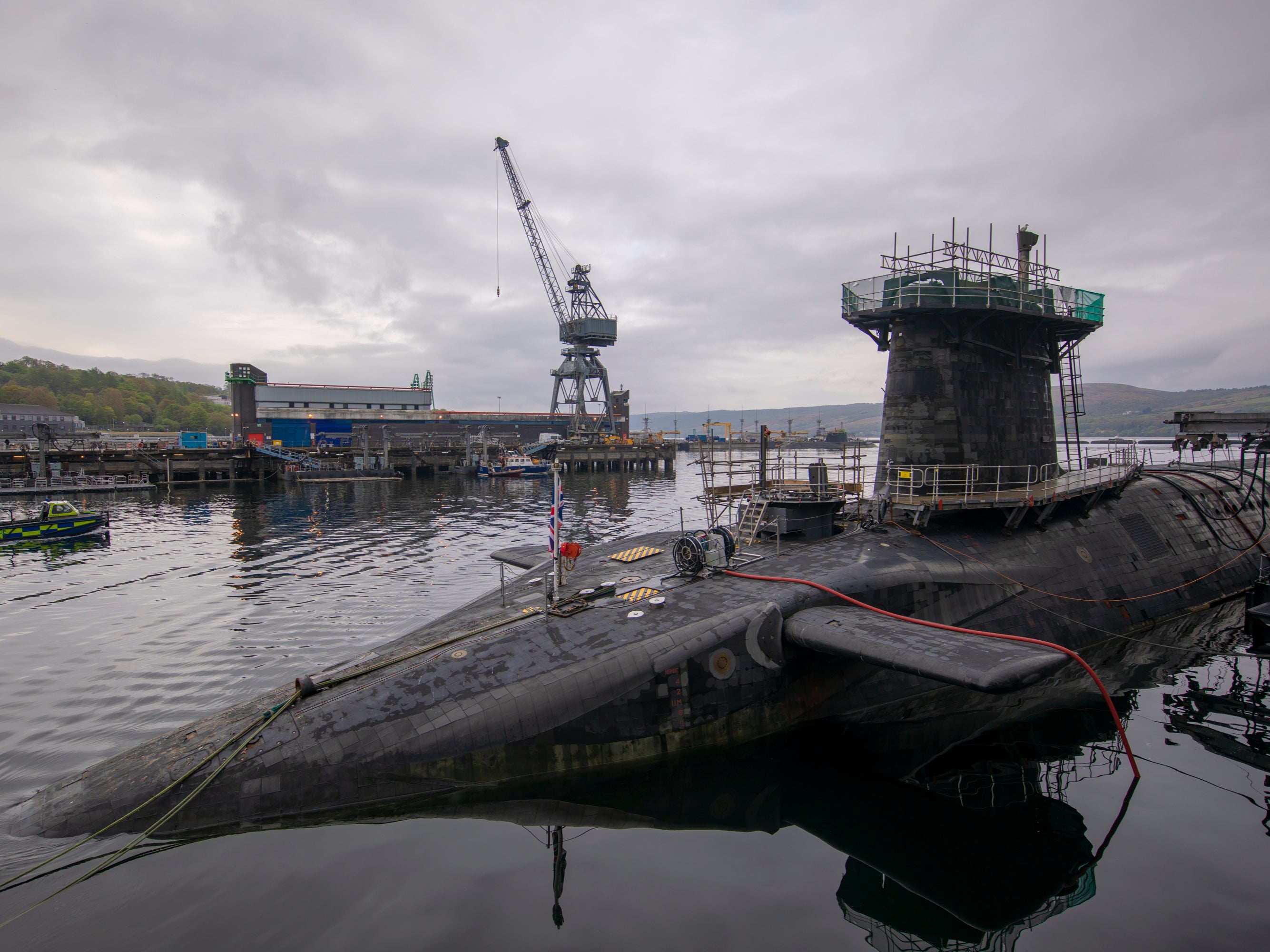 General view of HMS Vigilant, which carries the UK’s Trident nuclear deterrent, taken in April 2019 in Faslane