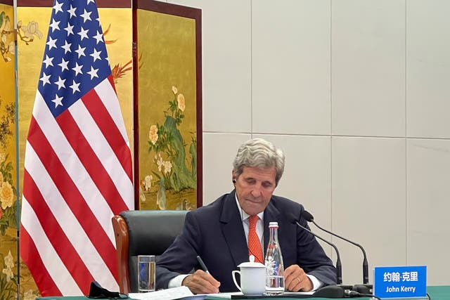 <p>US Special Presidential Envoy for Climate John Kerry attends a meeting with Chinese Foreign Minister Wang Yi via video link in Tianjin, China last week ahead of the Cop26 summit in November in Glasgow, Scotland </p>